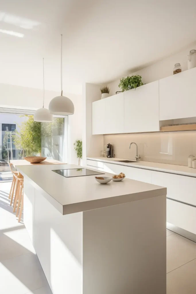 A modern kitchen with a large island, white cabinets, stainless steel appliances, and quartz countertops - Kitchen remodeling in NJ