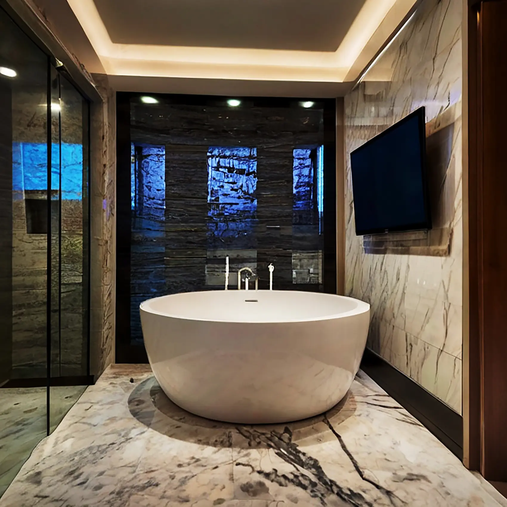 Modern futuristic bathroom with a large bathtub and marble flooring, highlighting the best materials for bathroom renovations.