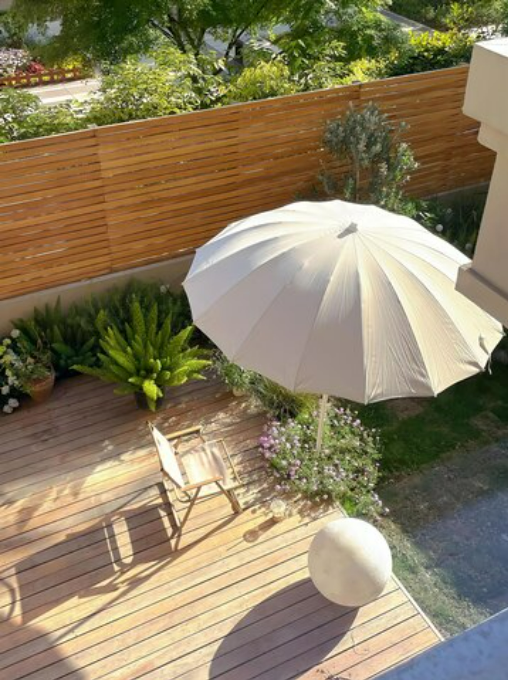 Cozy outdoor patio with an umbrella and seating - Guide to Outdoor Deck Construction
